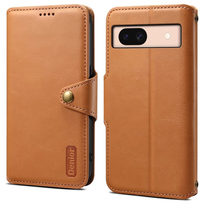 DENIOR For Google Pixel 8a Protective Case Cowhide Texture Leather Phone Cover - Khaki - 1