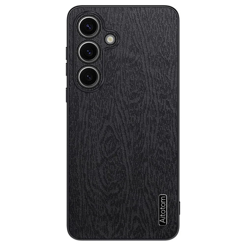 For Samsung Galaxy S23 FE Phone Case Leather+PC+TPU Cover Wood Texture - Black - 1