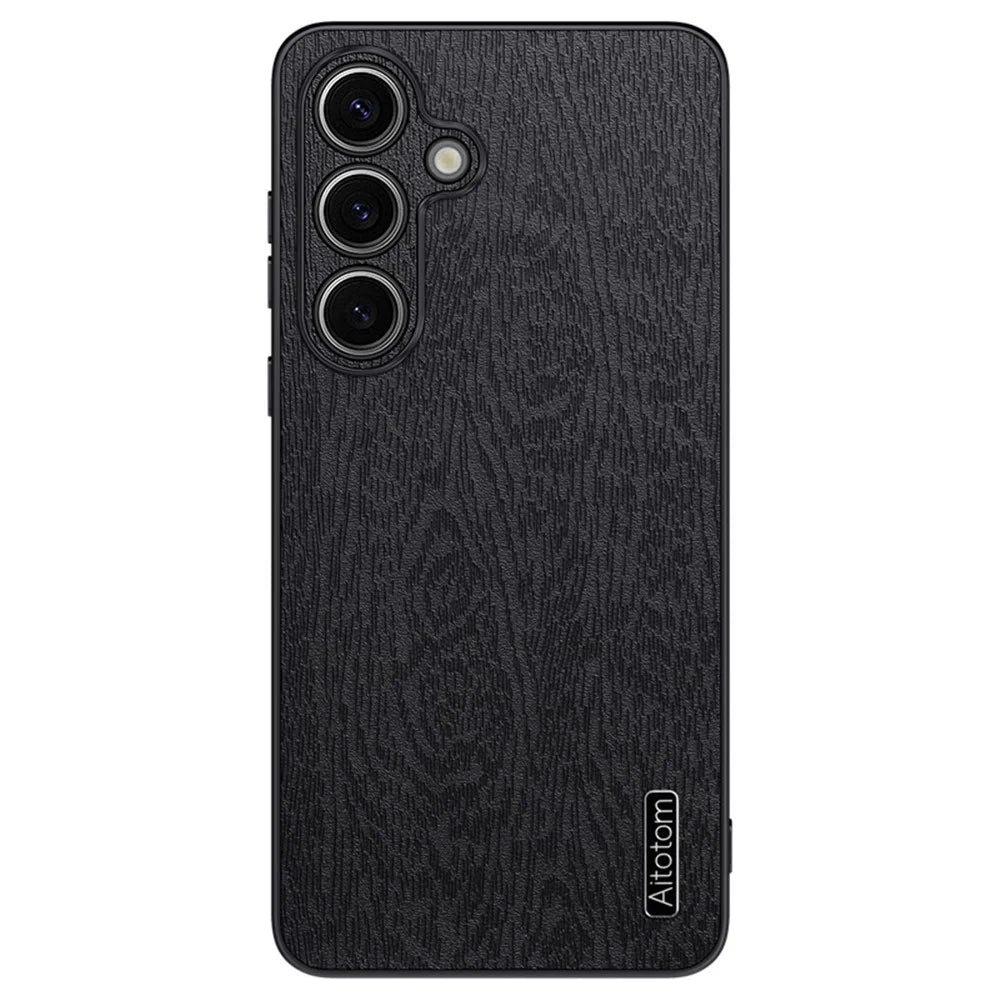 For Samsung Galaxy S23 FE Phone Case Leather+PC+TPU Cover Wood Texture - Black - 1