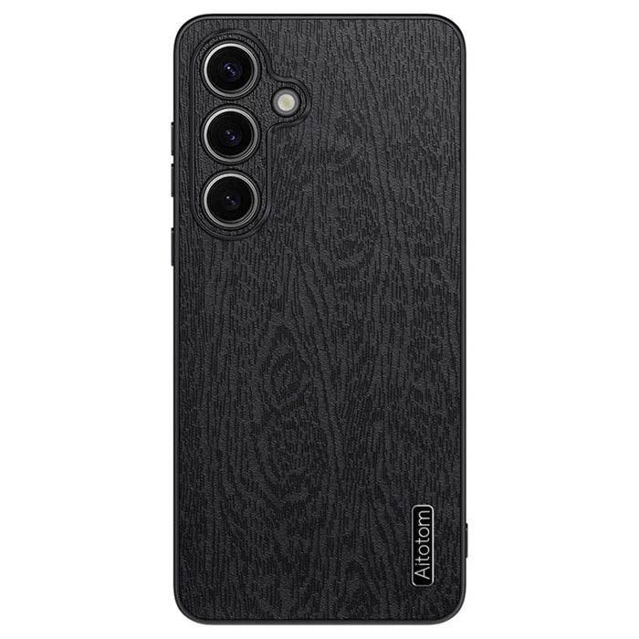 For Samsung Galaxy S23 FE Phone Case Leather+PC+TPU Cover Wood Texture - Black - 1