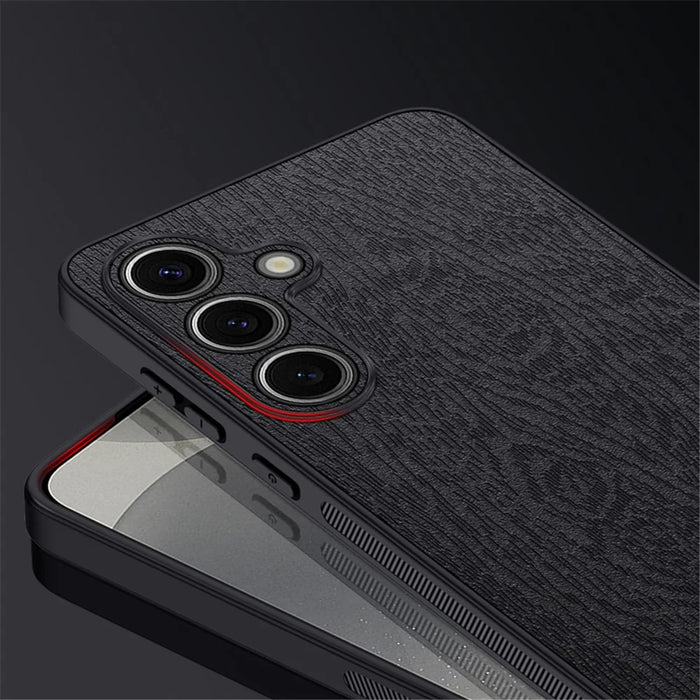 For Samsung Galaxy S23 FE Phone Case Leather+PC+TPU Cover Wood Texture - Black - 7
