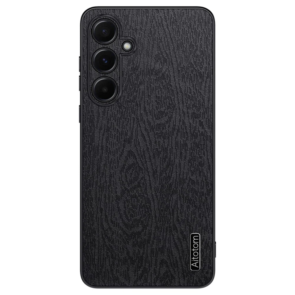 For Samsung Galaxy A55 5G Phone Case Wood Texture Leather Coated PC+TPU Anti-drop Cover - Black - 1