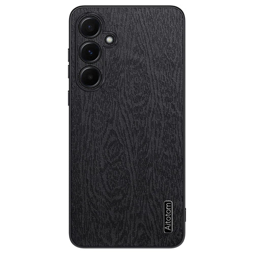 For Samsung Galaxy A55 5G Phone Case Wood Texture Leather Coated PC+TPU Anti-drop Cover - Black - 1
