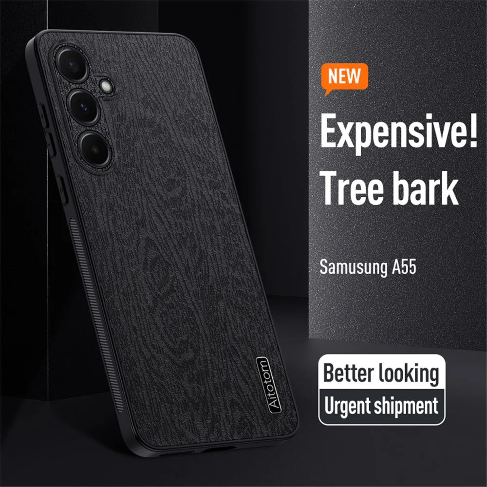 For Samsung Galaxy A55 5G Phone Case Wood Texture Leather Coated PC+TPU Anti-drop Cover - Black - 3