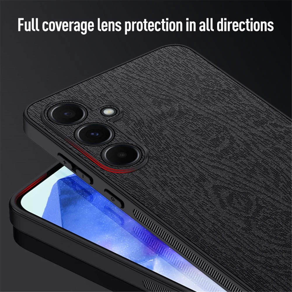 For Samsung Galaxy A55 5G Phone Case Wood Texture Leather Coated PC+TPU Anti-drop Cover - Black - 5