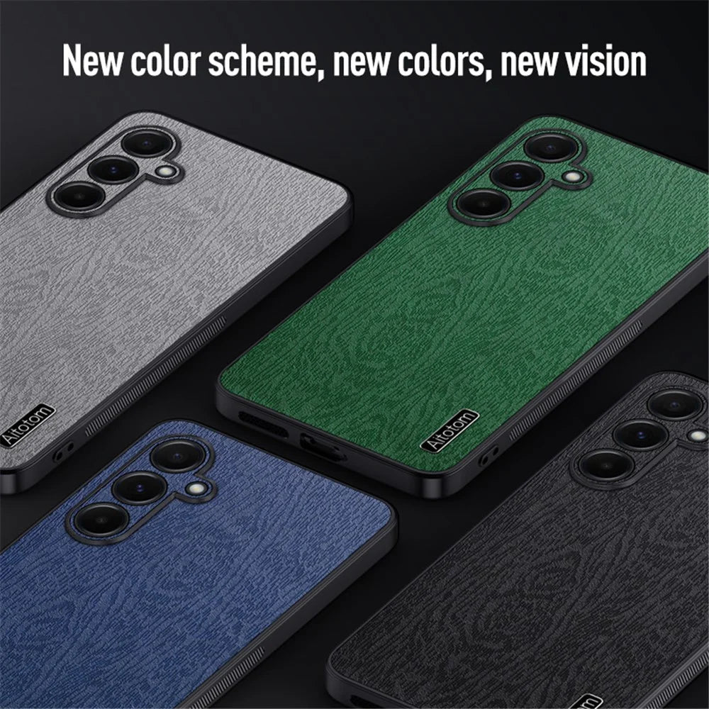 For Samsung Galaxy A55 5G Phone Case Wood Texture Leather Coated PC+TPU Anti-drop Cover - Black - 7