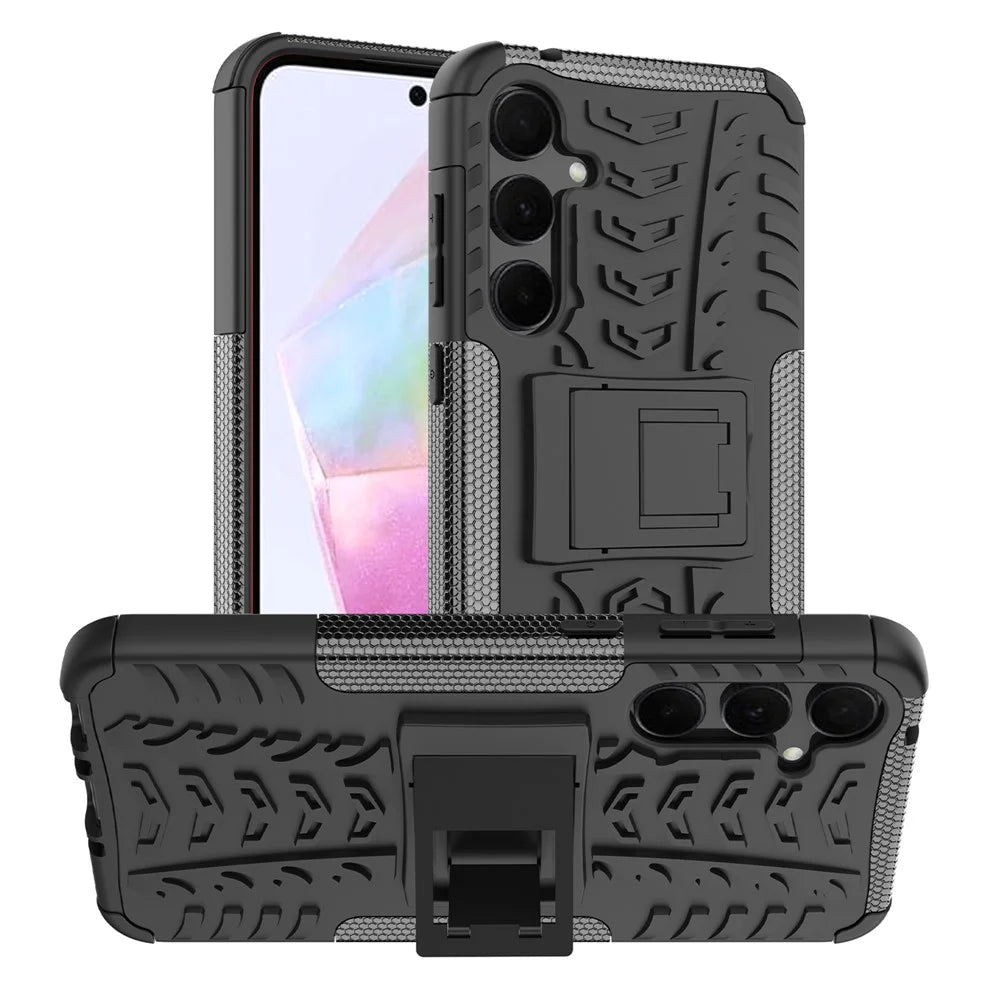 For Samsung Galaxy A35 5G Case Tyre Pattern PC+TPU Kickstand Phone Cover - Black - 1