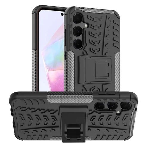 For Samsung Galaxy A35 5G Case Tyre Pattern PC+TPU Kickstand Phone Cover - Black - 1