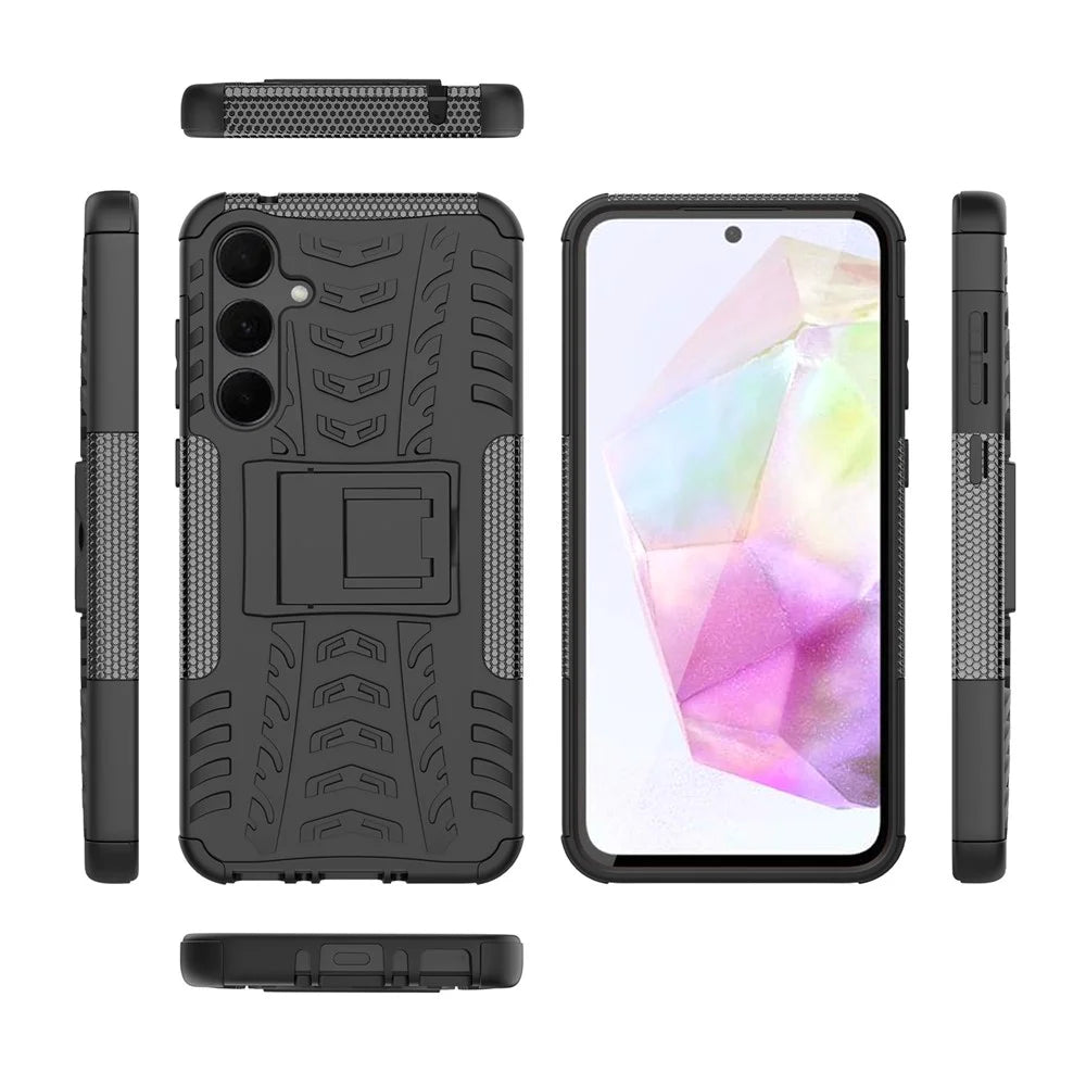 For Samsung Galaxy A35 5G Case Tyre Pattern PC+TPU Kickstand Phone Cover - Black - 6