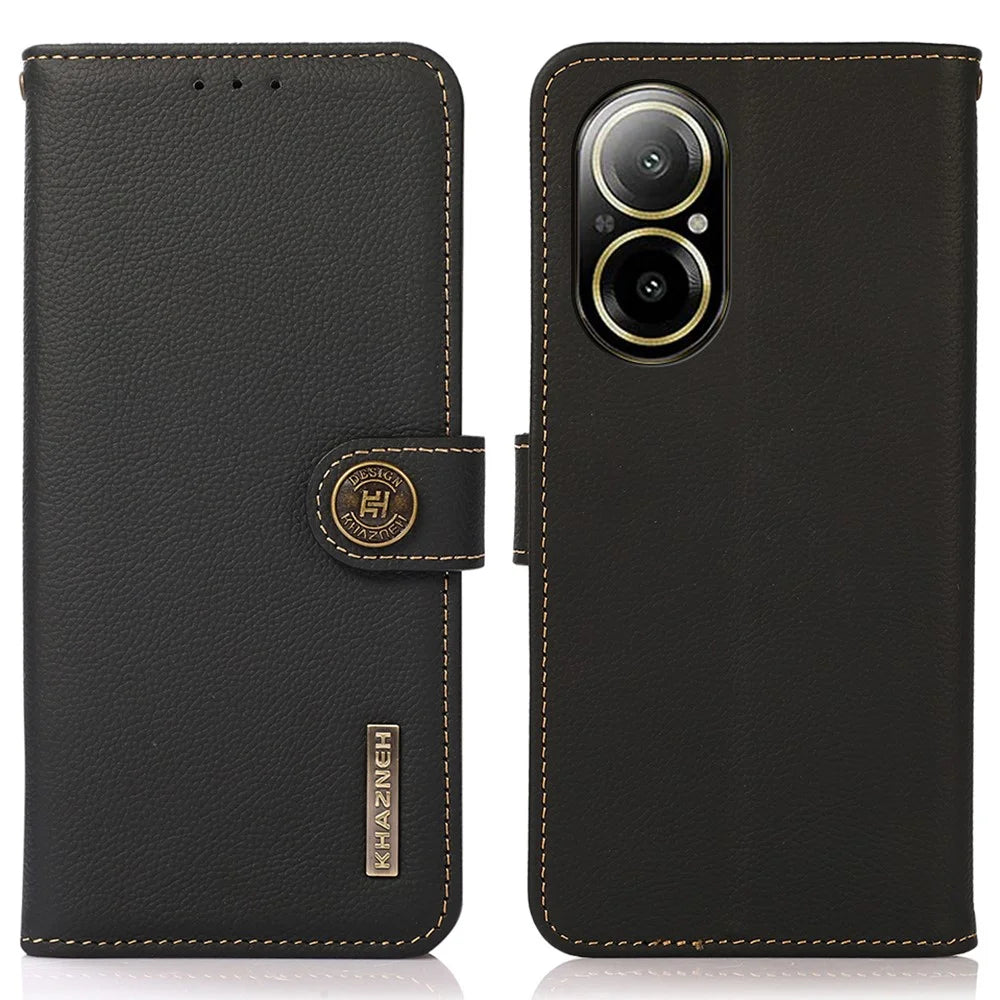 KHAZNEH For Realme C67 4G Phone Case RFID Blocking Genuine Cow Leather Flip Cover - Black - 1