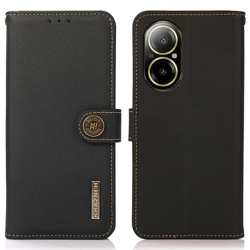 KHAZNEH For Realme C67 4G Phone Case RFID Blocking Genuine Cow Leather Flip Cover - Black - 1