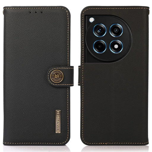 KHAZNEH For OnePlus Ace 3 5G / 12R 5G Cell Phone Case Genuine Cow Leather RFID Blocking Cover - Black - 1