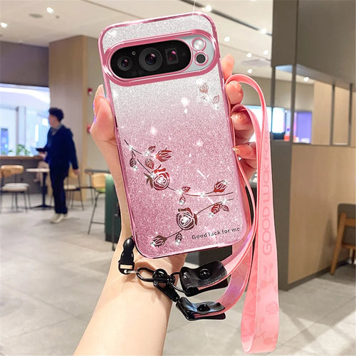 KADEM For Google Pixel 9 Pro XL Gradient Glitter Case Soft TPU Phone Cover with Lanyard - Rose Gold - 1