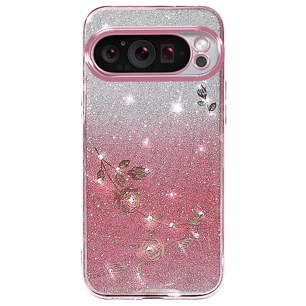 KADEM For Google Pixel 9 Pro XL Gradient Glitter Case Soft TPU Phone Cover with Lanyard - Rose Gold - 2