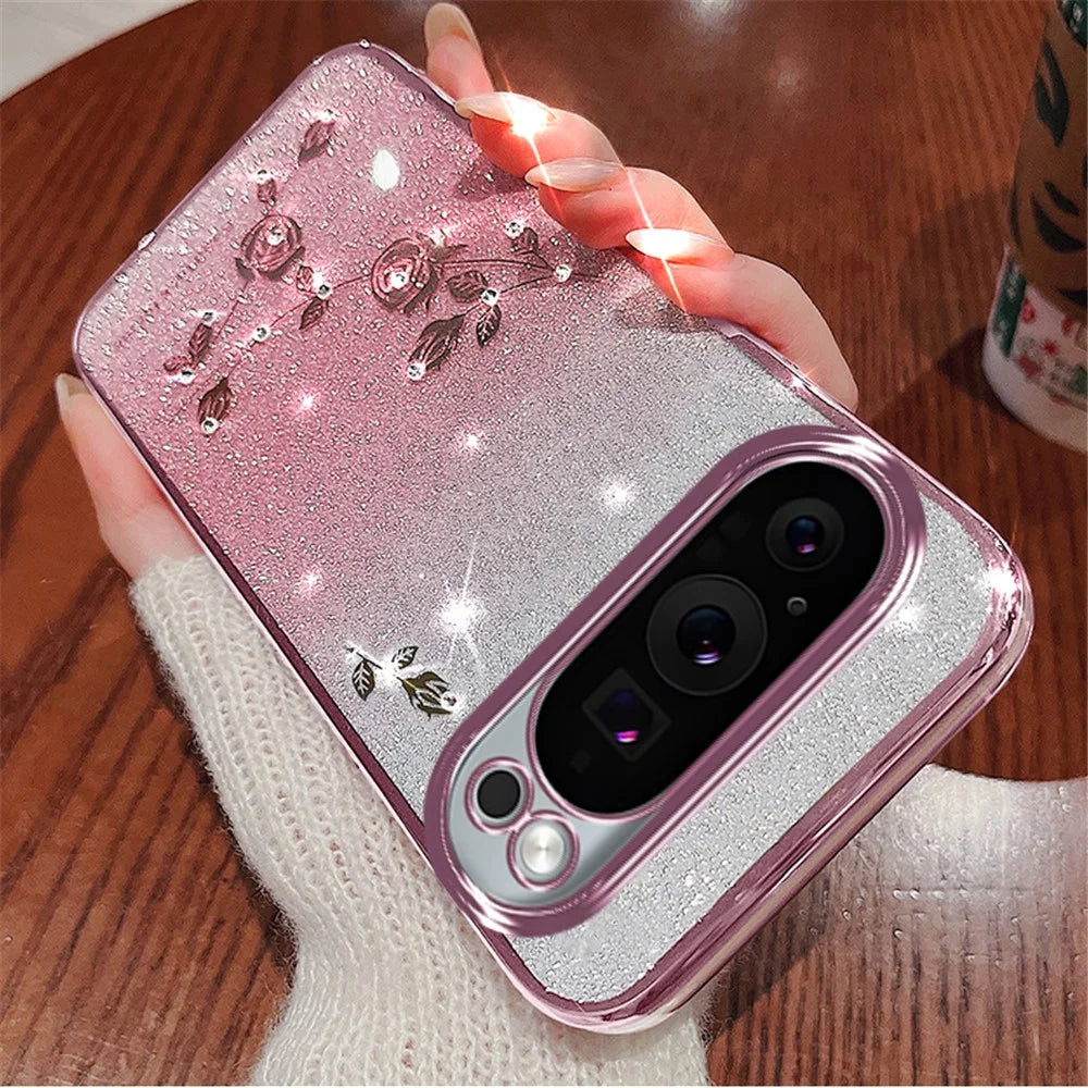 KADEM For Google Pixel 9 Pro XL Gradient Glitter Case Soft TPU Phone Cover with Lanyard - Rose Gold - 3