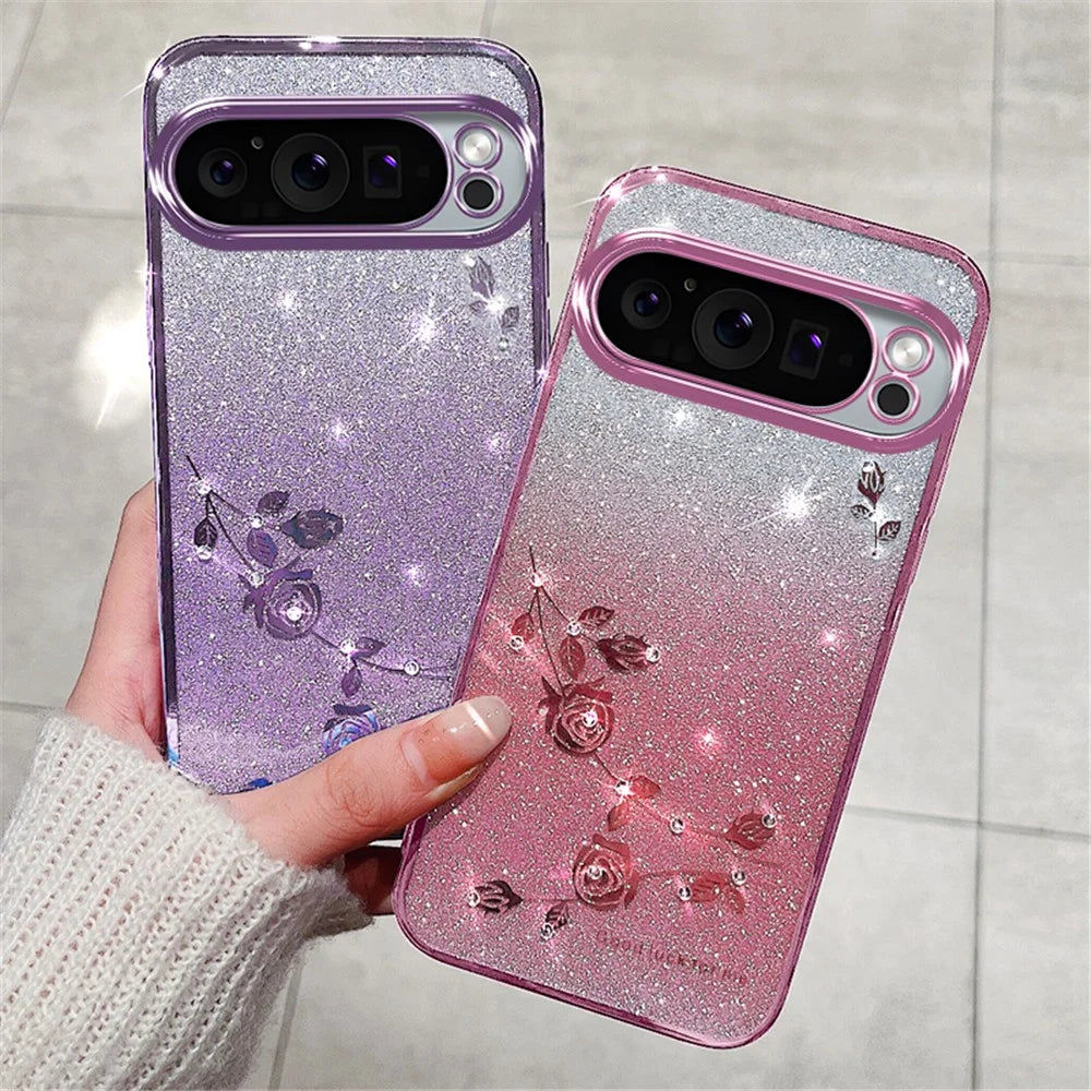 KADEM For Google Pixel 9 Pro XL Gradient Glitter Case Soft TPU Phone Cover with Lanyard - Rose Gold - 4