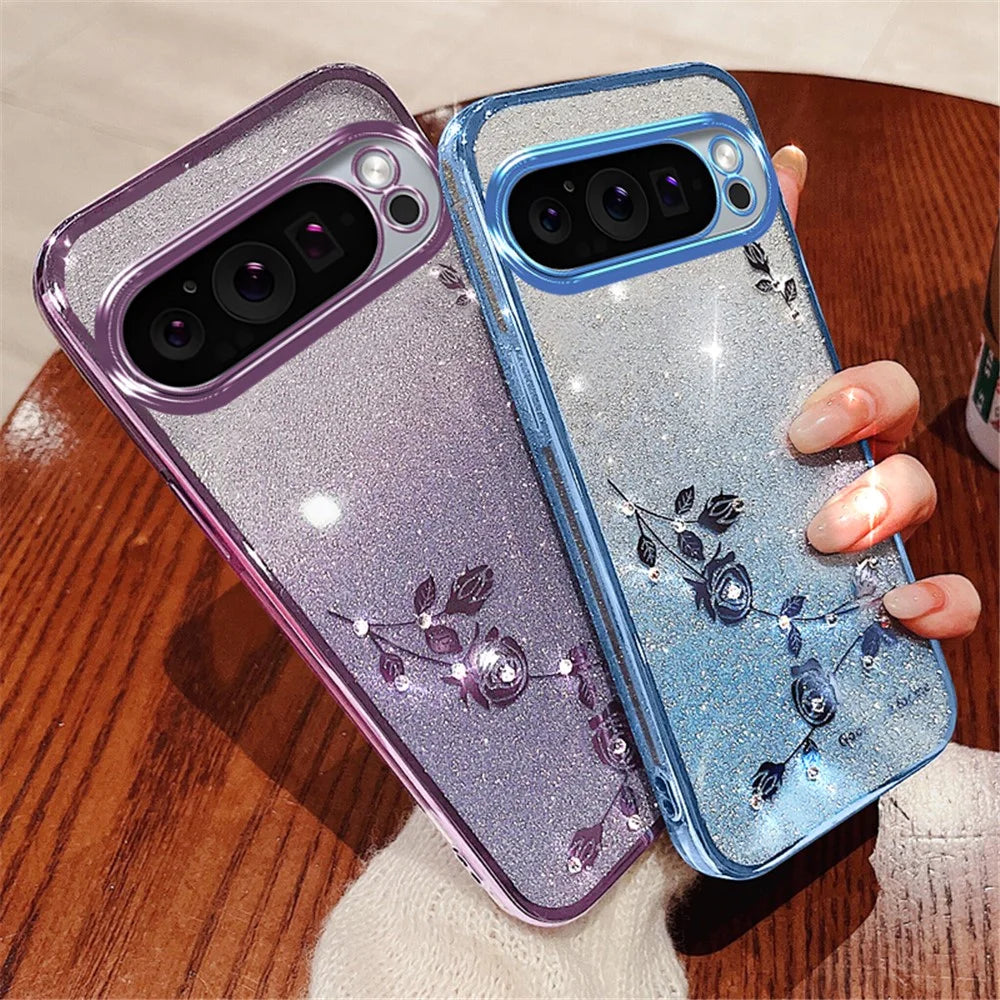 KADEM For Google Pixel 9 Pro XL Gradient Glitter Case Soft TPU Phone Cover with Lanyard - Rose Gold - 6