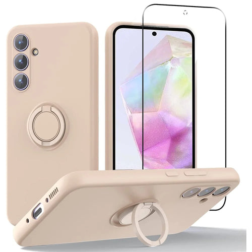 For Samsung Galaxy A35 5G Case Liquid Silicone Kickstand Cover with 2.5D Arc Edge Tempered Glass Film - Pink - 1