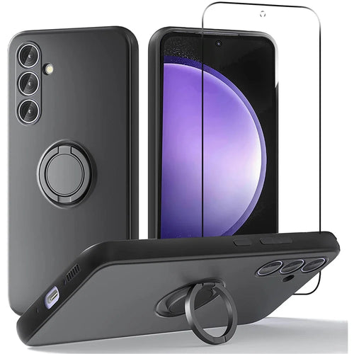 For Samsung Galaxy S23 FE Kickstand Case Liquid Silicone Phone Cover with 2.5D Arc Edge Tempered Glass Film - Black - 1