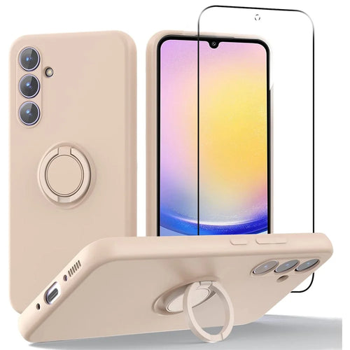 For Samsung Galaxy A25 5G (Global) (161.0 x 76.5 x 8.3mm) Liquid Silicone Kickstand Case + 2.5D Arc Edge Tempered Glass Film - Pink - 1