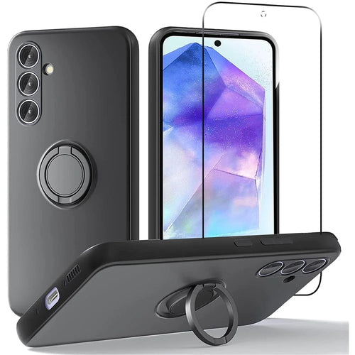 For Samsung Galaxy A55 5G Case Kickstand Liquid Silicone Cover with 2.5D Arc Edge Tempered Glass Film - Black - 1