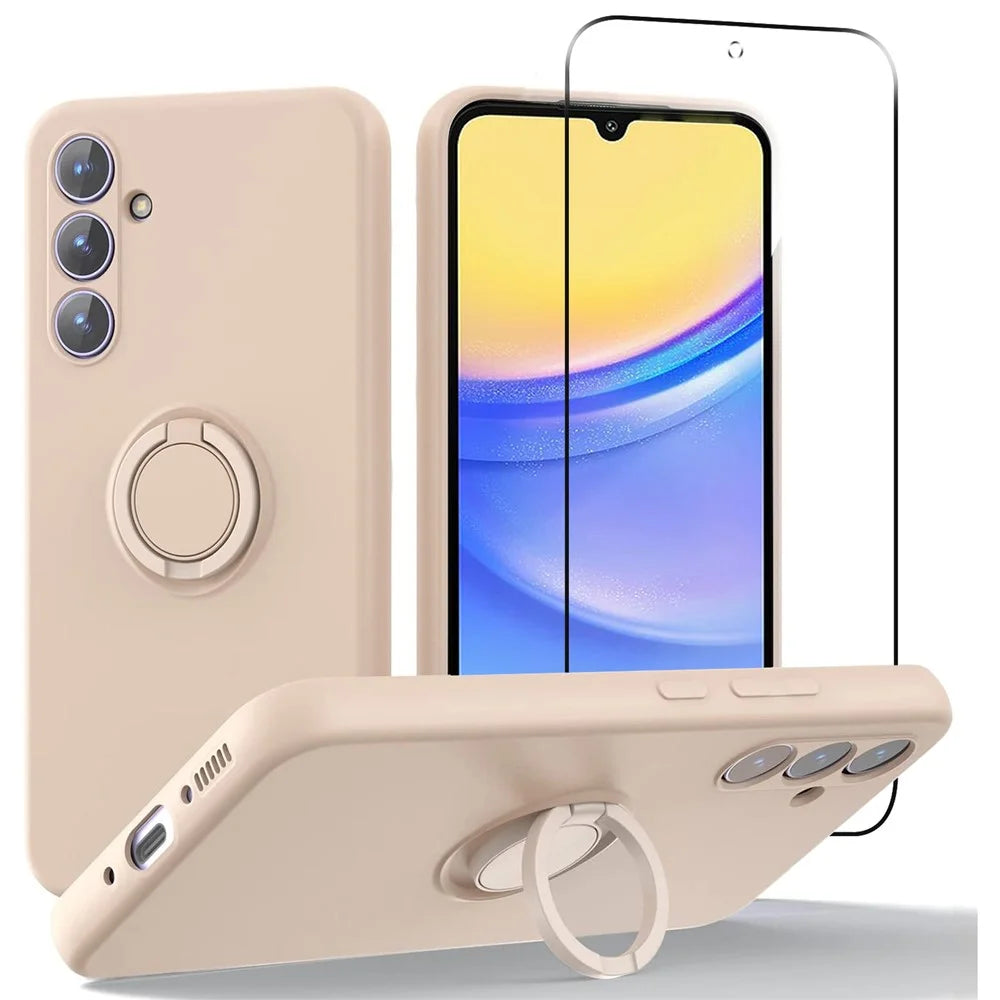 For Samsung Galaxy A15 4G / A15 5G Liquid Silicone Case Kickstand Cover with 2.5D Arc Edge Tempered Glass Film - Pink - 1