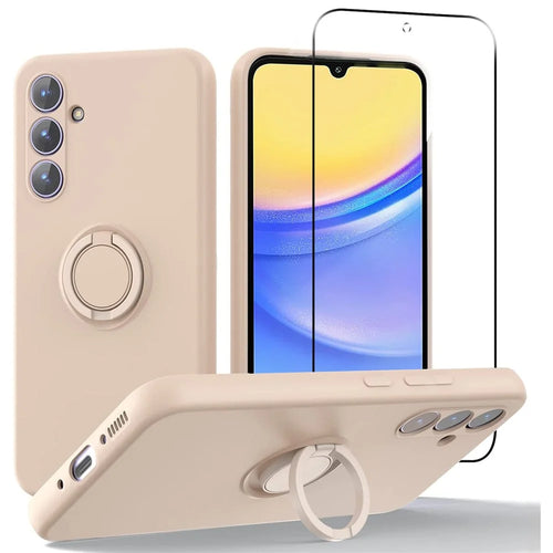For Samsung Galaxy A15 4G / A15 5G Liquid Silicone Case Kickstand Cover with 2.5D Arc Edge Tempered Glass Film - Pink - 1