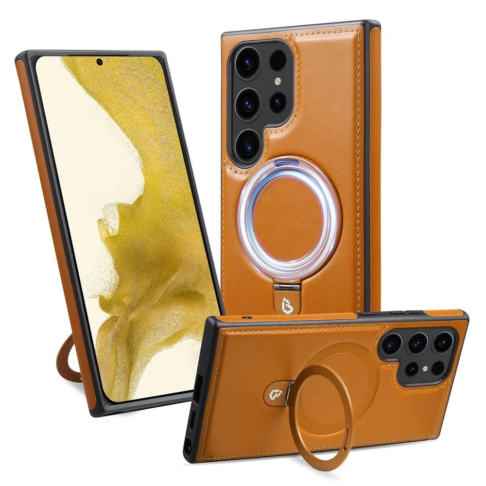 For Samsung Galaxy S24 Ultra Magnetic Case Leather+TPU Ring Kickstand Phone Cover - Brown - 1