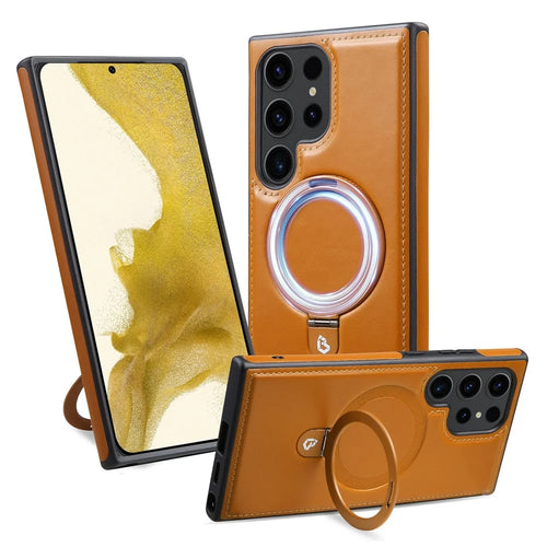 For Samsung Galaxy S24 Ultra Magnetic Case Leather+TPU Ring Kickstand Phone Cover - Brown - 1