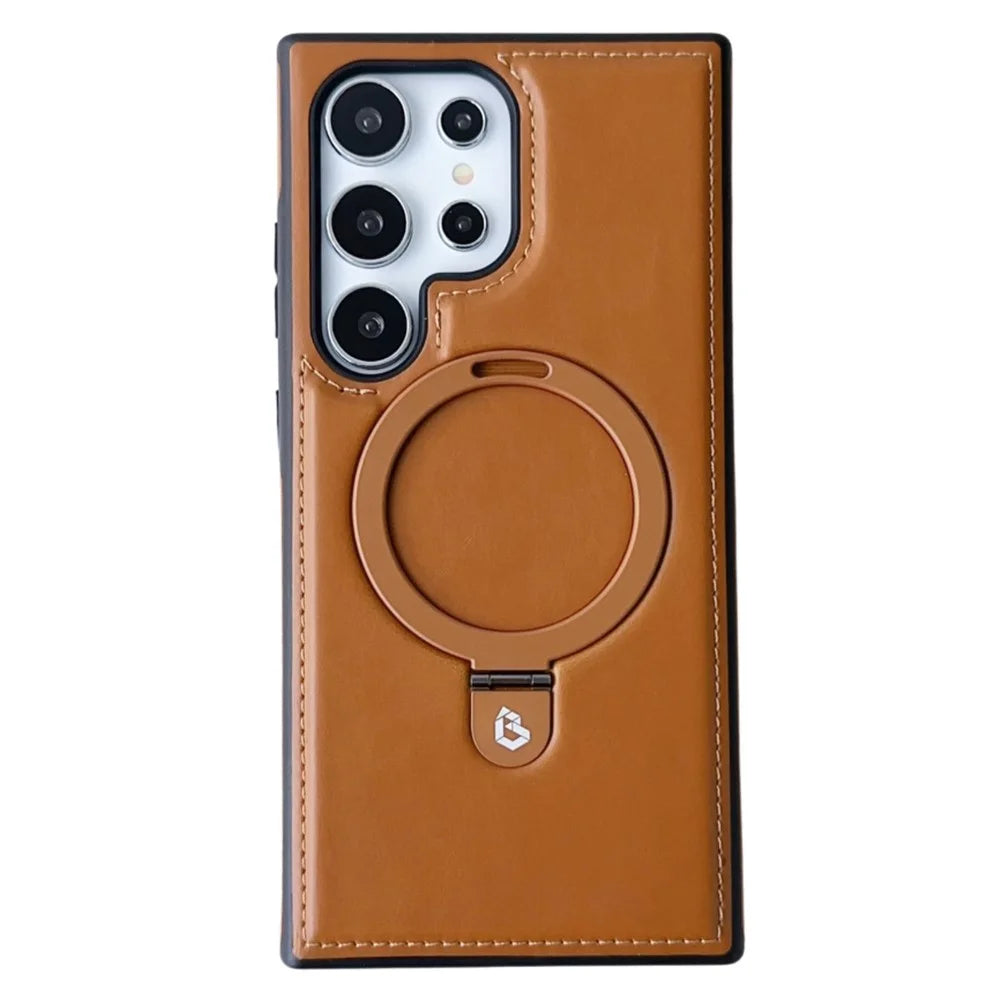 For Samsung Galaxy S24 Ultra Magnetic Case Leather+TPU Ring Kickstand Phone Cover - Brown - 2