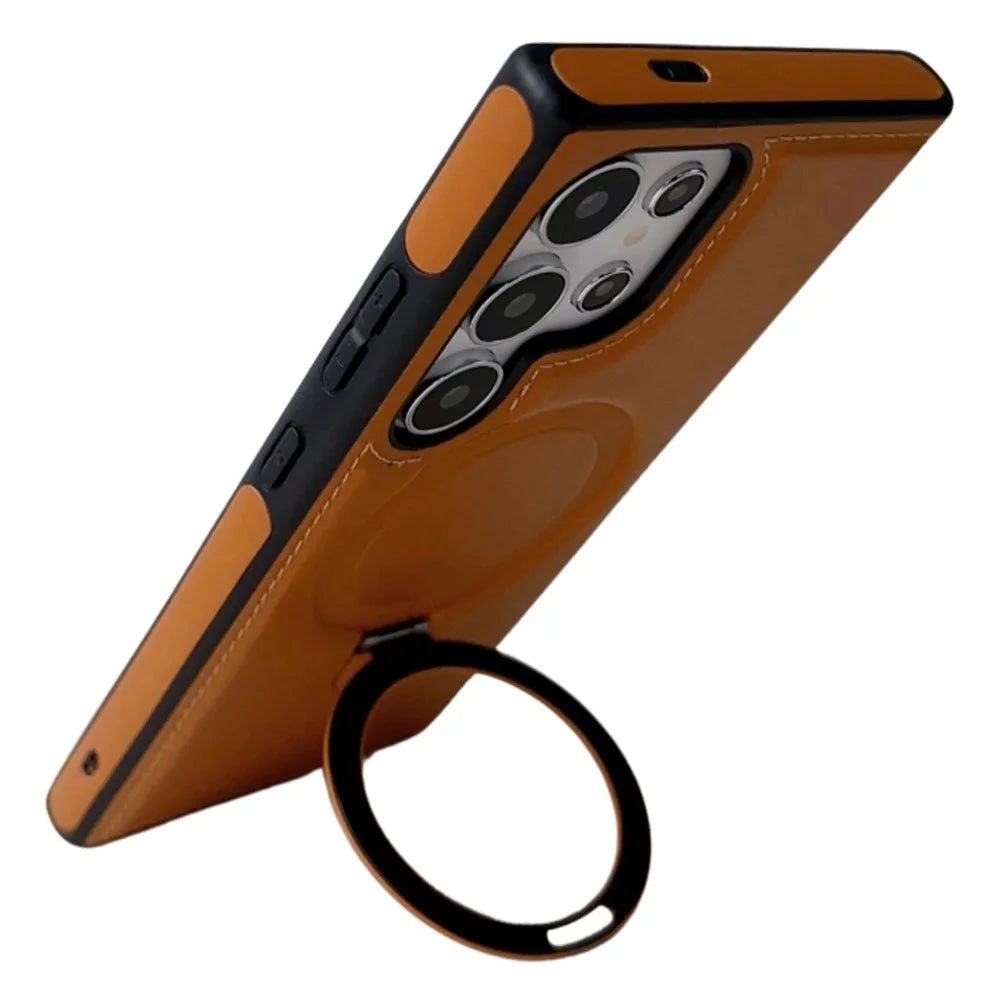 For Samsung Galaxy S24 Ultra Magnetic Case Leather+TPU Ring Kickstand Phone Cover - Brown - 3