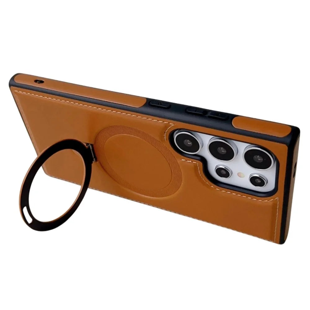 For Samsung Galaxy S24 Ultra Magnetic Case Leather+TPU Ring Kickstand Phone Cover - Brown - 4