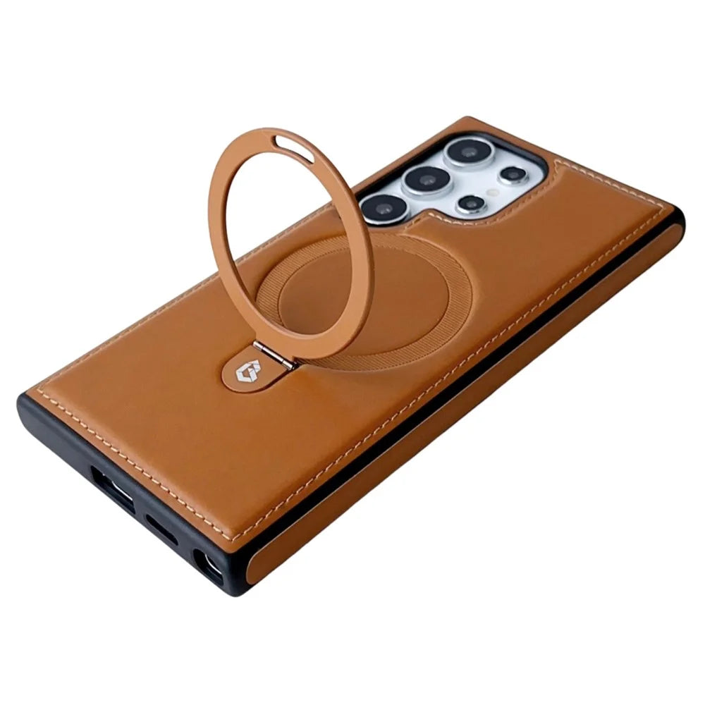 For Samsung Galaxy S24 Ultra Magnetic Case Leather+TPU Ring Kickstand Phone Cover - Brown - 5