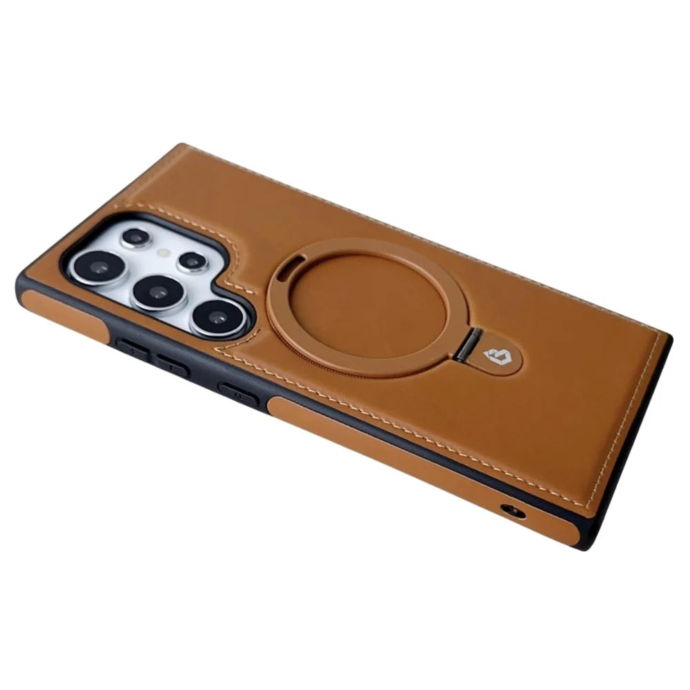 For Samsung Galaxy S24 Ultra Magnetic Case Leather+TPU Ring Kickstand Phone Cover - Brown - 6