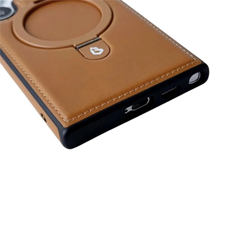 For Samsung Galaxy S24 Ultra Magnetic Case Leather+TPU Ring Kickstand Phone Cover - Brown - 7