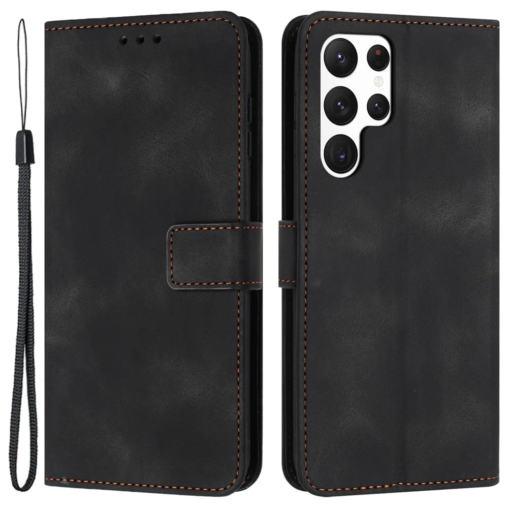 For Samsung Galaxy S24 Ultra Cell Phone Case Skin-touch PU Leather Dustproof Phone Stand Cover - Black - 1