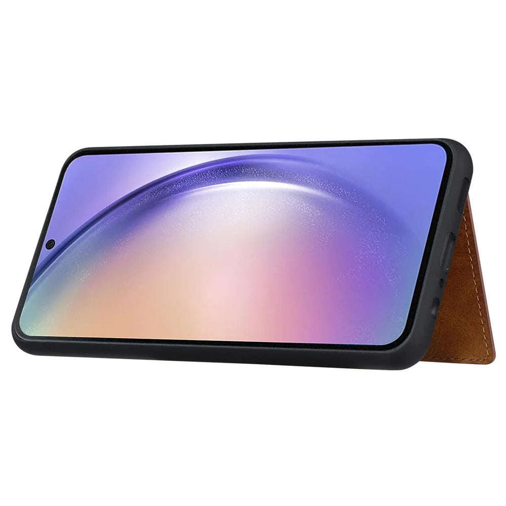 For Samsung Galaxy A55 5G Phone Case Card Holder PU Leather+TPU Kicsktand Cover - Brown - 4