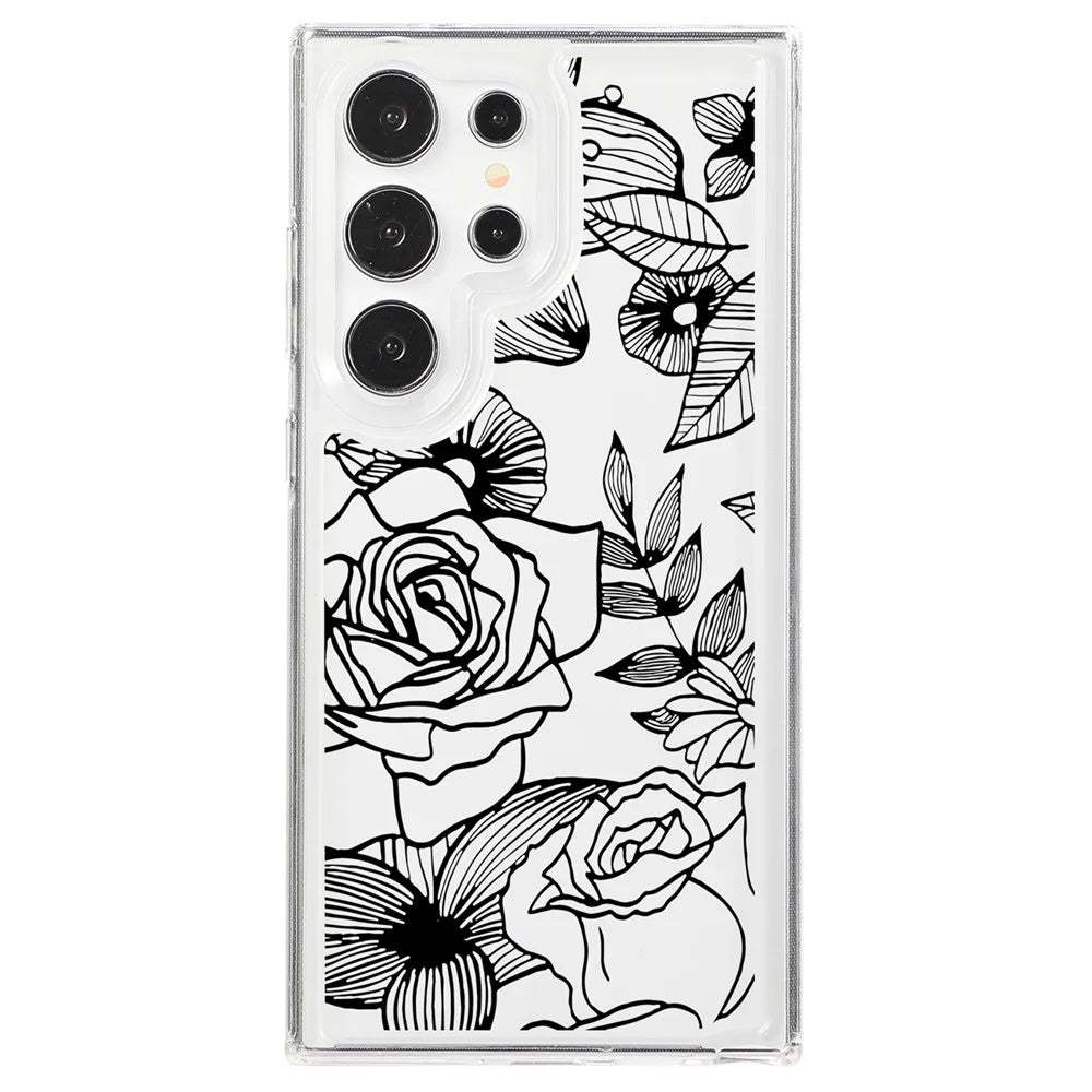 For Samsung Galaxy S24 Ultra Case Clear TPU Airbag Protection Flower Pattern Phone Cover - Black Rose - 1