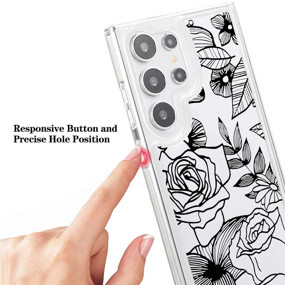 For Samsung Galaxy S24 Ultra Case Clear TPU Airbag Protection Flower Pattern Phone Cover - Black Rose - 5