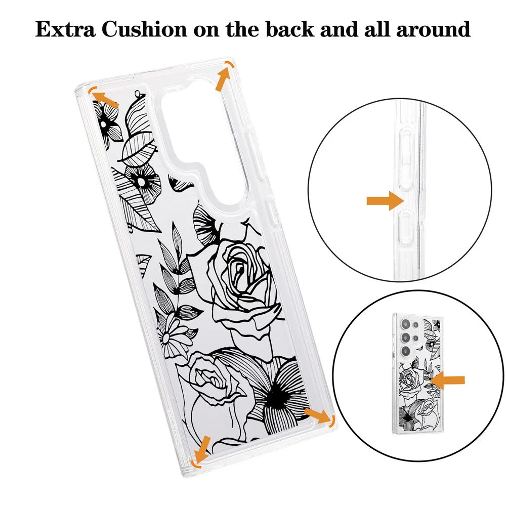 For Samsung Galaxy S24 Ultra Case Clear TPU Airbag Protection Flower Pattern Phone Cover - Black Rose - 6