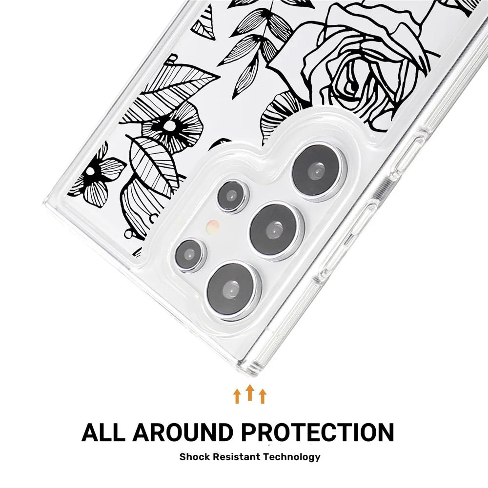 For Samsung Galaxy S24 Ultra Case Clear TPU Airbag Protection Flower Pattern Phone Cover - Black Rose - 7