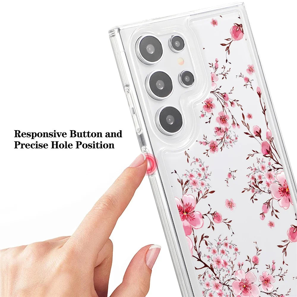 For Samsung Galaxy S23 Ultra Clear Case TPU Airbag Protection Back Phone Cover with Flower Pattern - Peach Blossom - 5