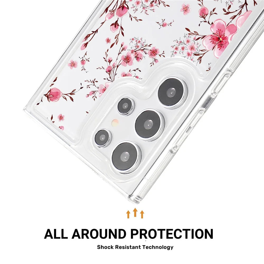 For Samsung Galaxy S23 Ultra Clear Case TPU Airbag Protection Back Phone Cover with Flower Pattern - Peach Blossom - 7