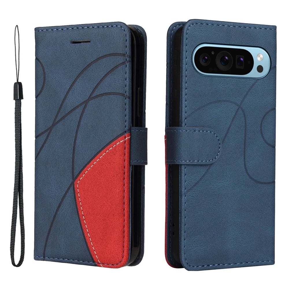 For Google Pixel 10 Pro / 10 / 9 Pro / 9 Leather Case Wallet Stand Color Splicing Phone Cover - Blue - 1