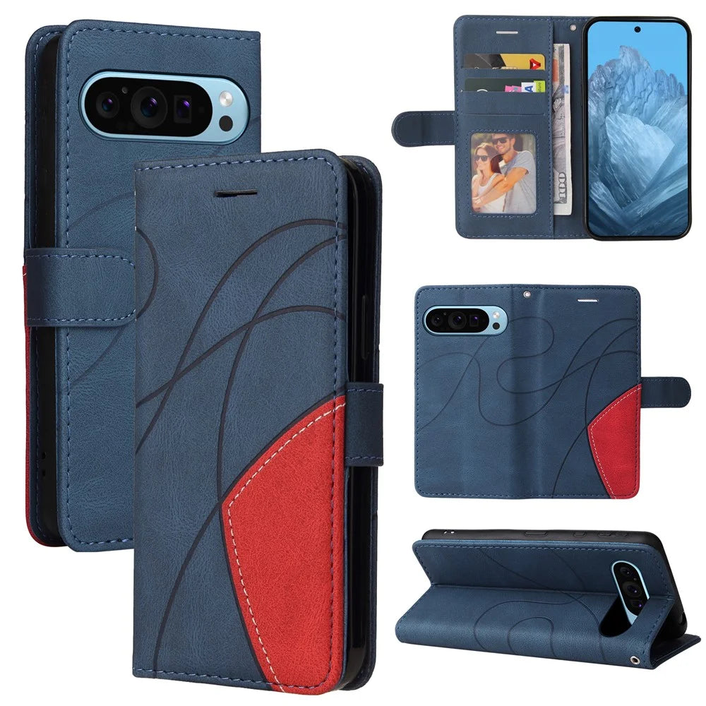 For Google Pixel 10 Pro / 10 / 9 Pro / 9 Leather Case Wallet Stand Color Splicing Phone Cover - Blue - 7