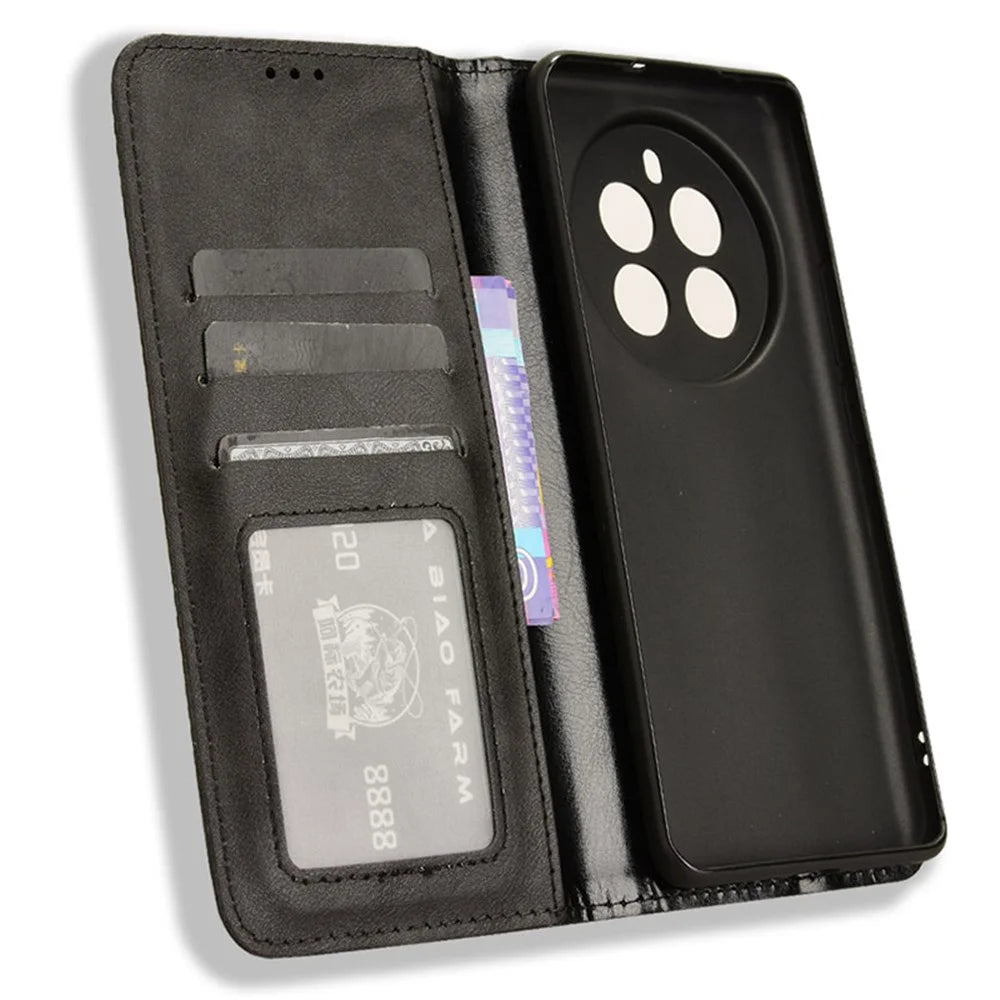 For Realme 12 4G / 12+ 5G / Narzo 70 Pro 5G / Narzo 70 5G / P1 5G / 13 4G Wallet Case Viewing Stand Leather Retro Texture Phone Cover - Black - 5