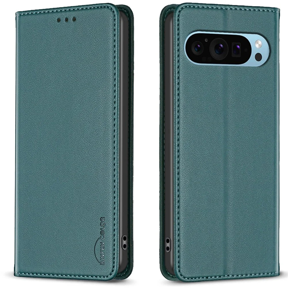 BINFEN COLOR BF18 For Google Pixel 9 Pro XL Case PU Leather Viewing Stand Phone Cover with 3 Card Holder - Green - 1
