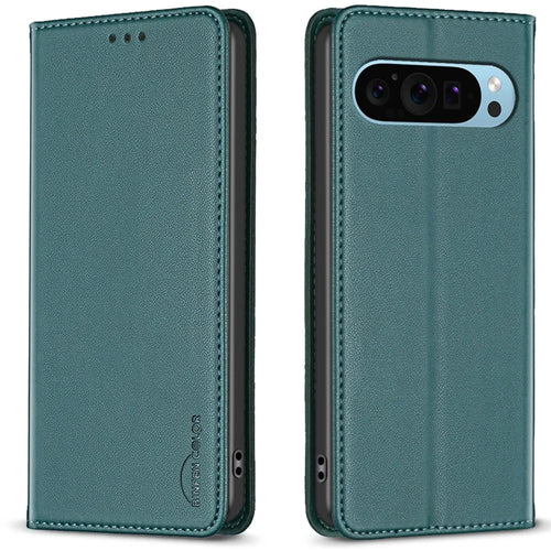 BINFEN COLOR BF18 For Google Pixel 9 Pro XL Case PU Leather Viewing Stand Phone Cover with 3 Card Holder - Green - 1