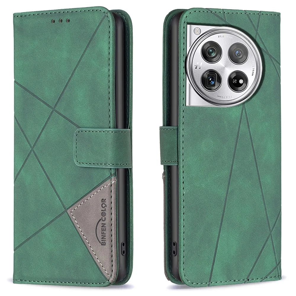 BINFEN COLOR For OnePlus 12R 5G / Ace 3 5G Phone Cases Wallet Stand Geometry Imprint Leather Cover - Green - 1