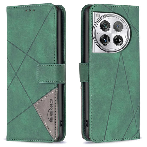 BINFEN COLOR For OnePlus 12R 5G / Ace 3 5G Phone Cases Wallet Stand Geometry Imprint Leather Cover - Green - 1